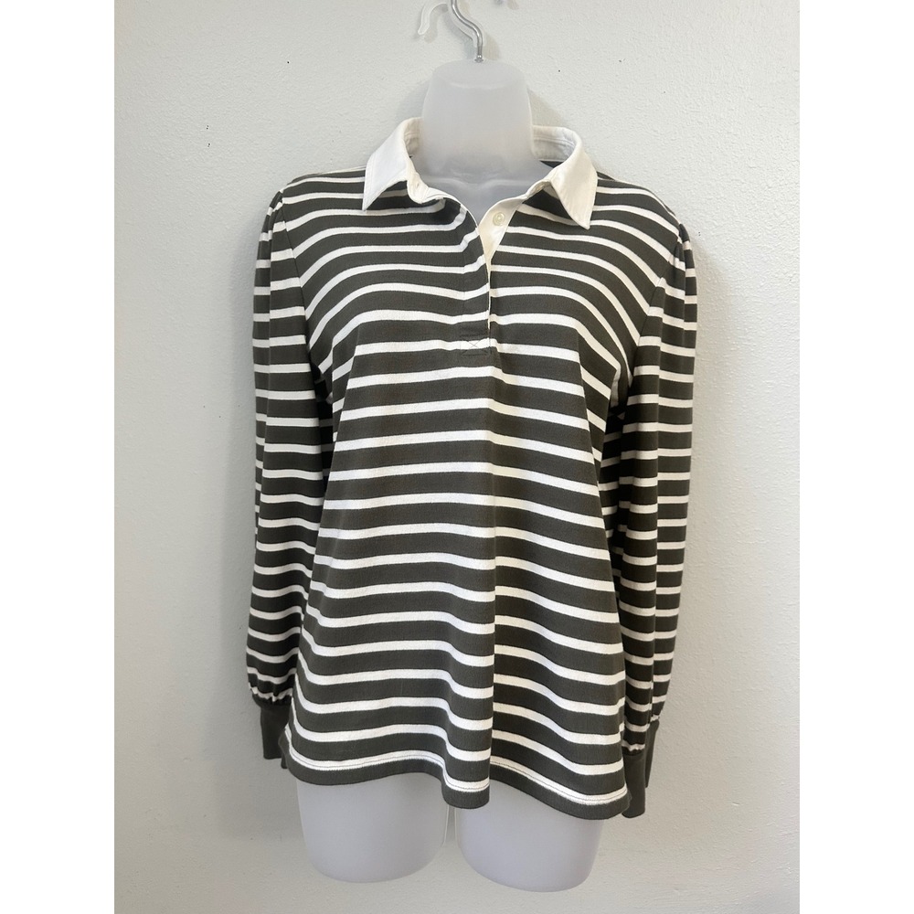 Talbots Womens Olive Green White Striped Rugby Polo Shirt Cotton Size M VN5092